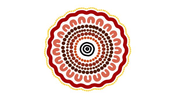 Aboriginal artwork depicting communities, with bright colours and vivid central circles.