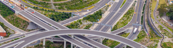 Aerial view of a junction of the Westconnex Toll Road project with a toll station