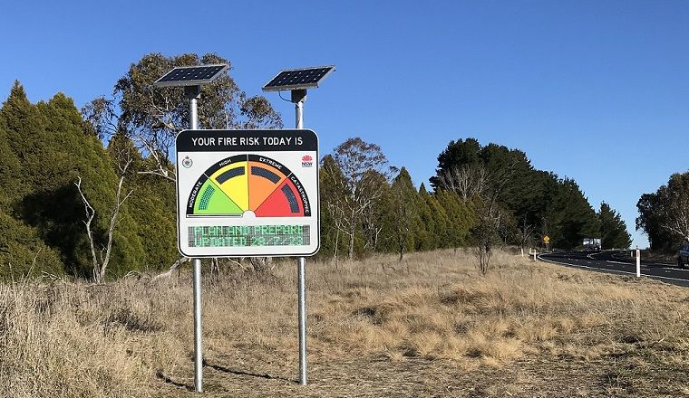Digital fire danger rating sign alongside road for bushfire season