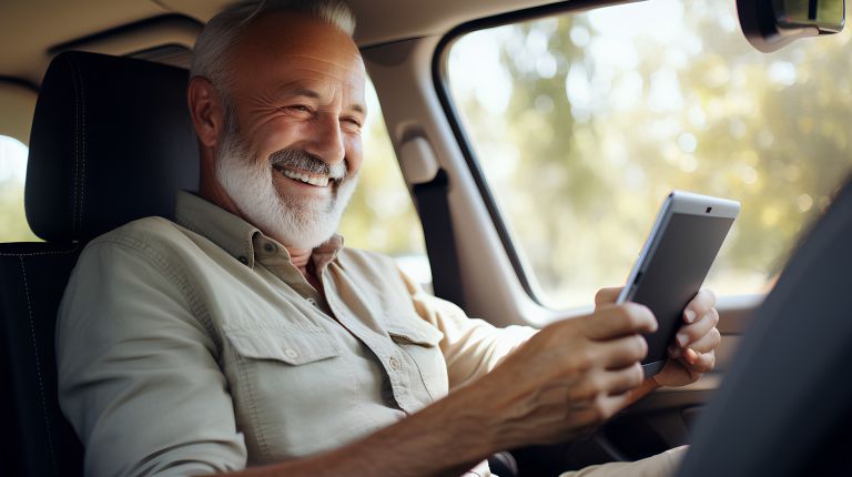Older person sitting in a car using gps navigation map system on a digital device