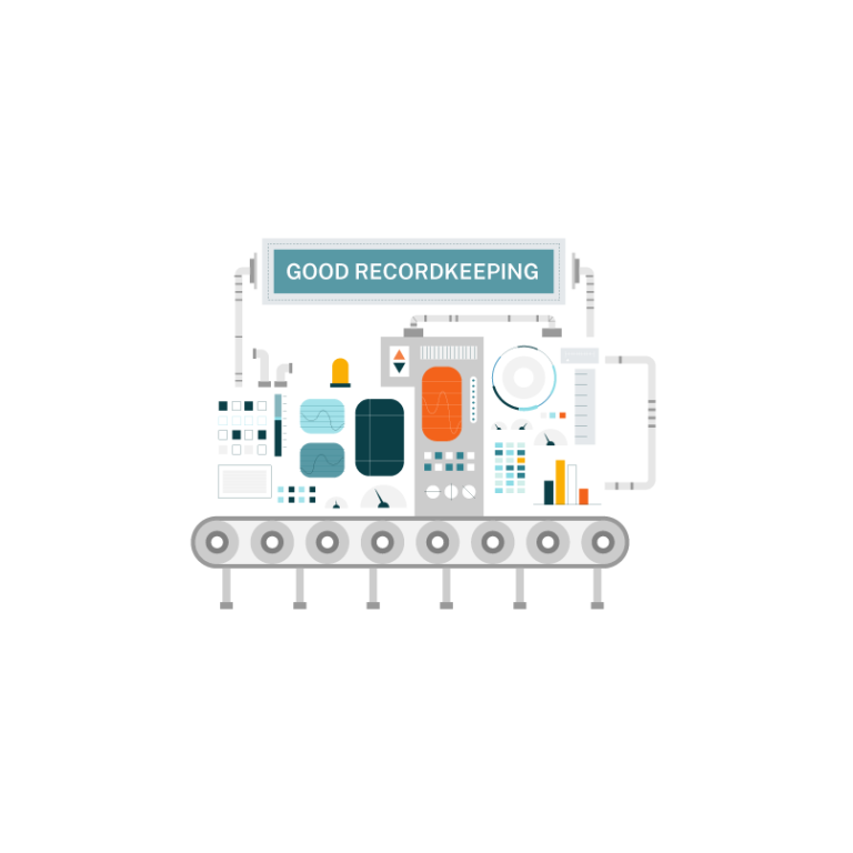 Cartoon image of a machine with a label "Good recordkeeping" 